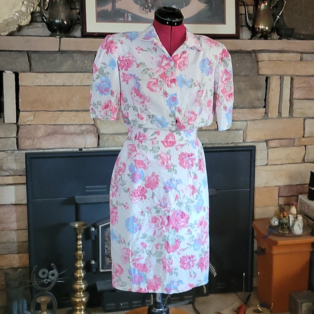 Vtg 80' 90's Cottage Core Skirt Blouse Set W 24"